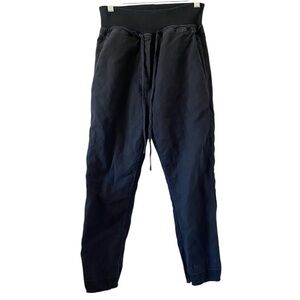 KES NYC Black Cotton Linen Elastic Waistband Raw Hem Pants